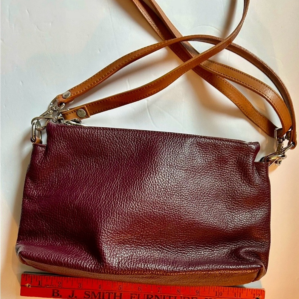 Valentina Women's Burgundy Leather Crossbody Bag with Tan Strap - Picture 4 of 10